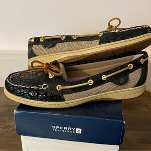 Sperry Womens size 9.5 black leopard print  gold